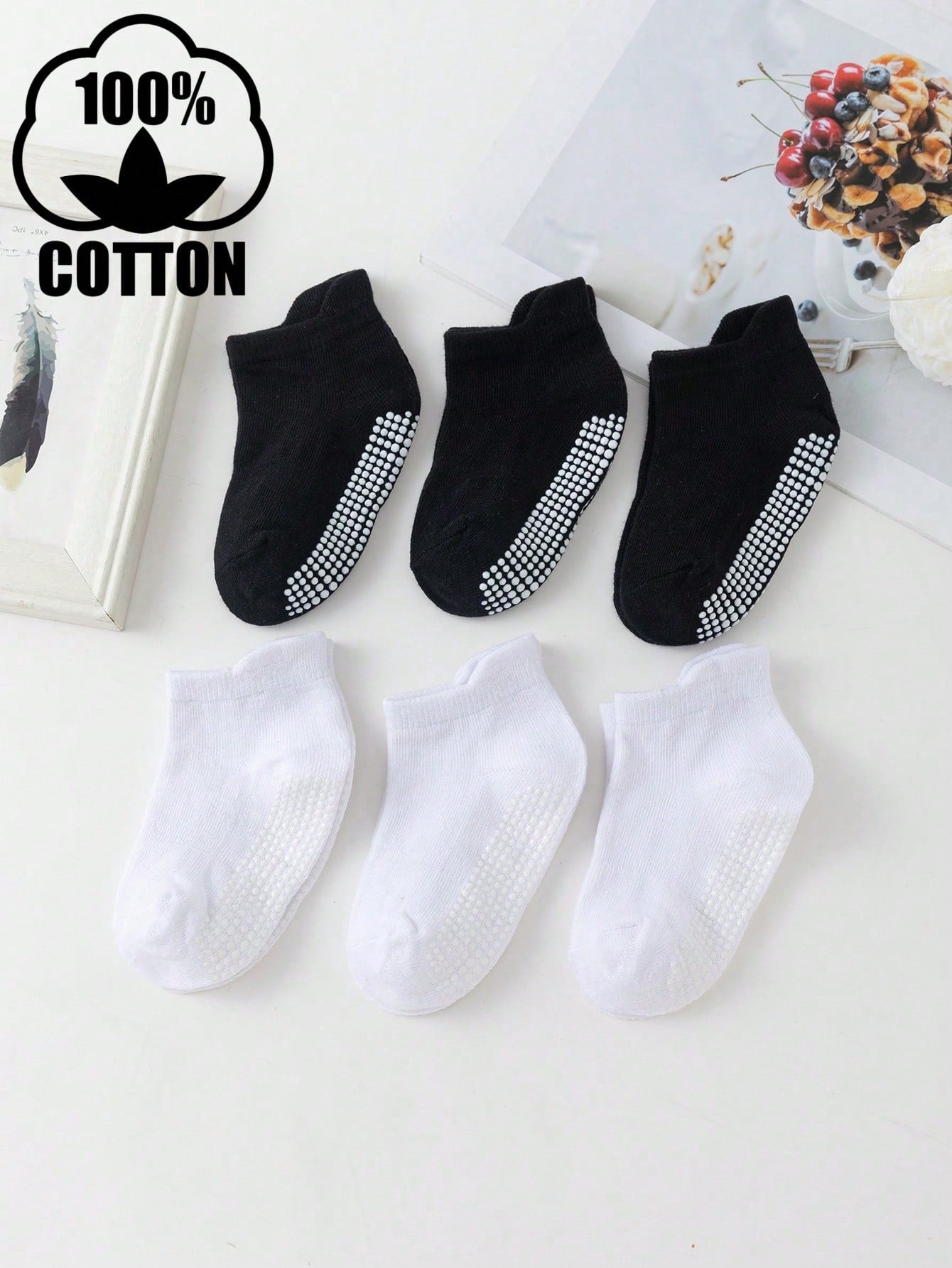 6 Pairs Set Anti Slip Cotton Black & White Socks