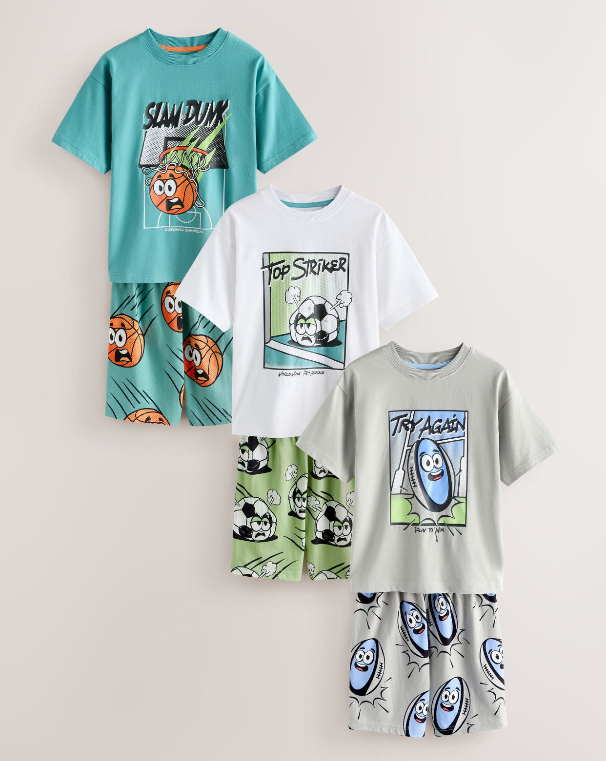 Green/Grey/White Comedy Sport Shorts Pyjamas 3 Pack