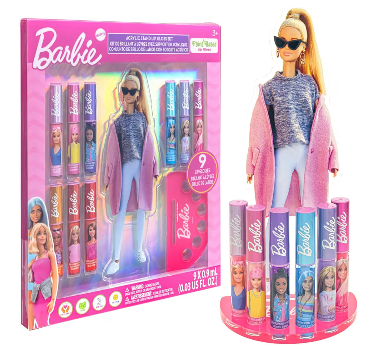 Barbie 11 Pc Lip Gloss Set Plant Based With Acrylic Stand