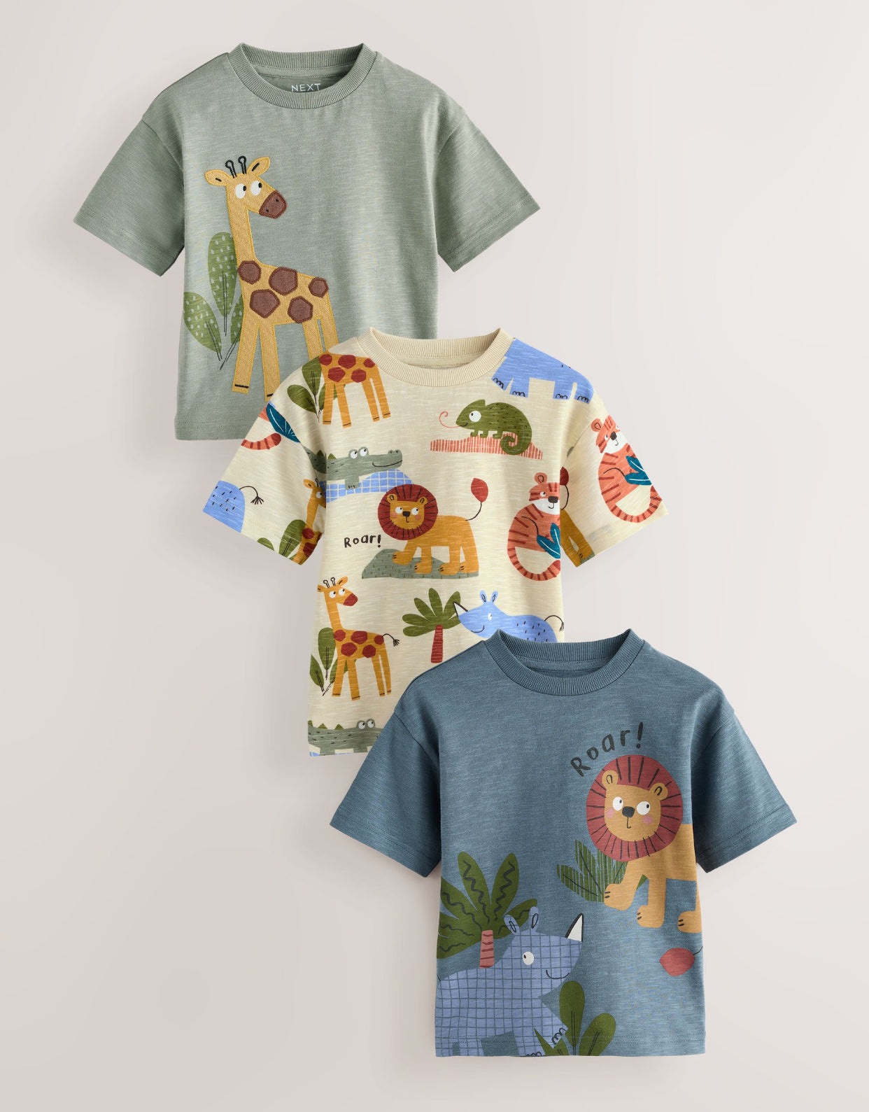 Green Safari Animals Short Sleeve Appliqué T-Shirts 3 Pack