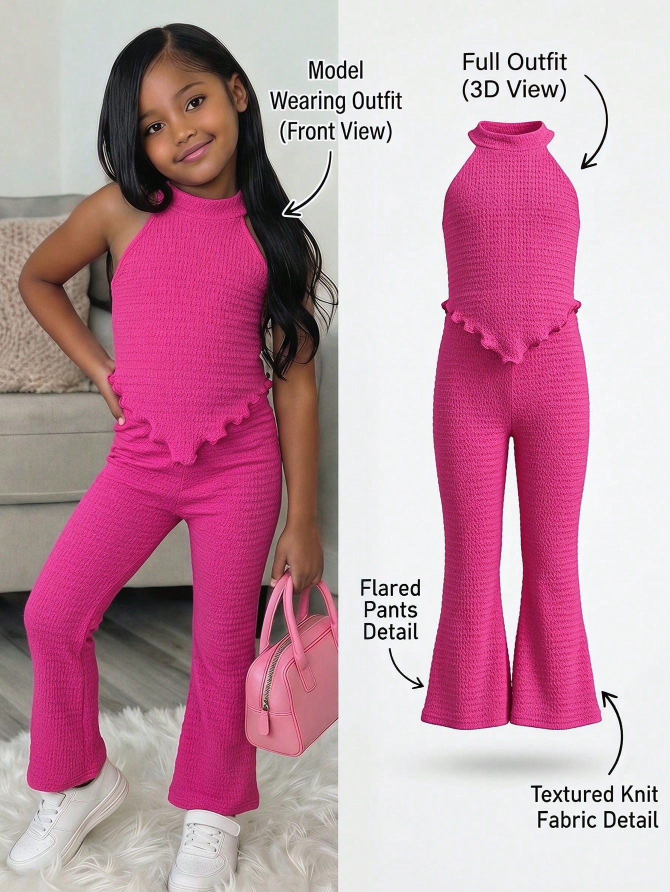 Young Girl 2pcs Set Sleeveless Asymmetrical Tank Top & Flared Pants