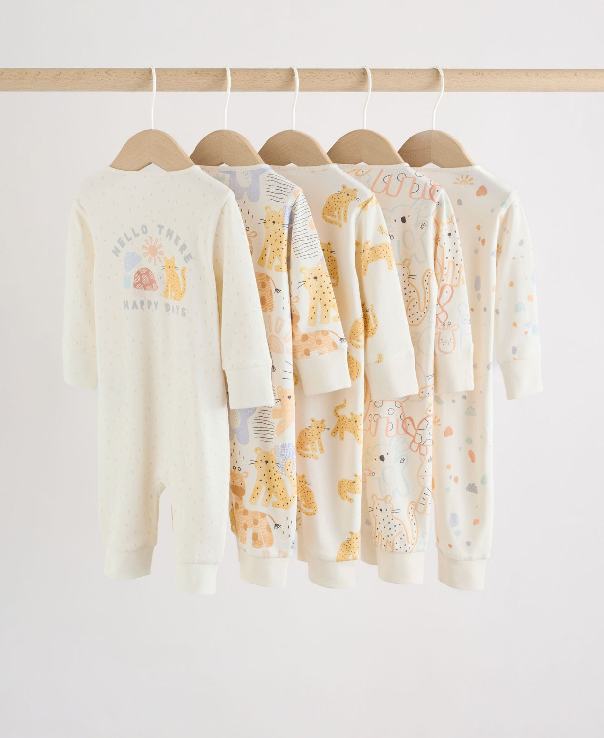 Cream Safari Two Way Zip Baby Sleepsuits 5 Pack