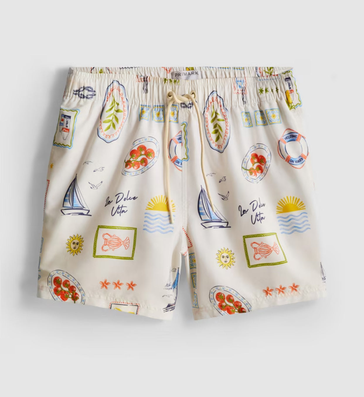 Swim shorts with postcard-inspired design and drawstring waist
