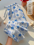 [100% Cotton] Women's Printed Drawstring Wide Leg Loose Pants