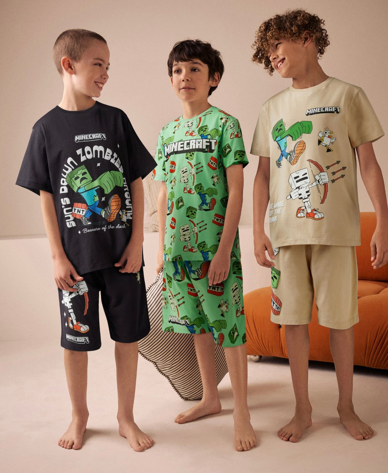 Black/Green/Stone Minecraft 100% Cotton Short Pyjamas 3 Pack
