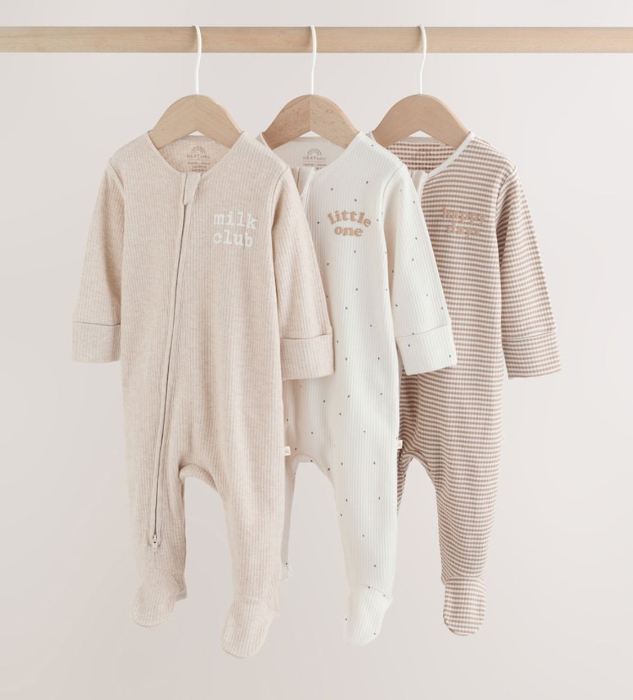 Neutral Milkclub Two Way Zip Baby Sleepsuits 3 Pack