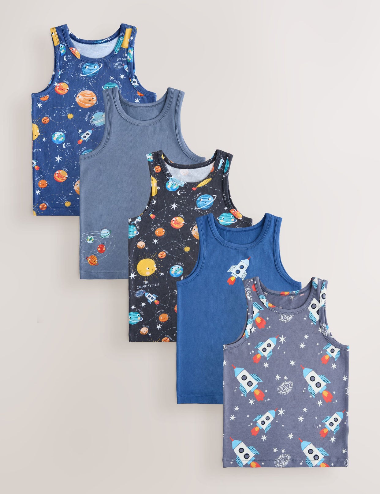 Blue/Navy Space Print Cotton Vests 5 Pack