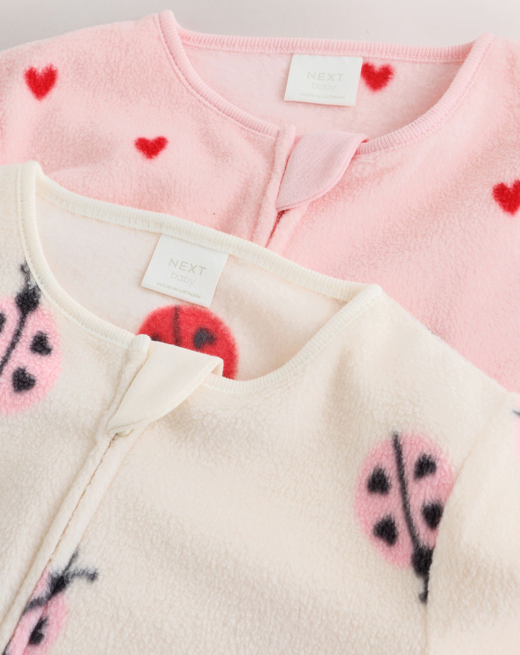 Pink/Cream Ladybird Micro Fleece Two Way Zip Baby Sleepsuits 2 Pack