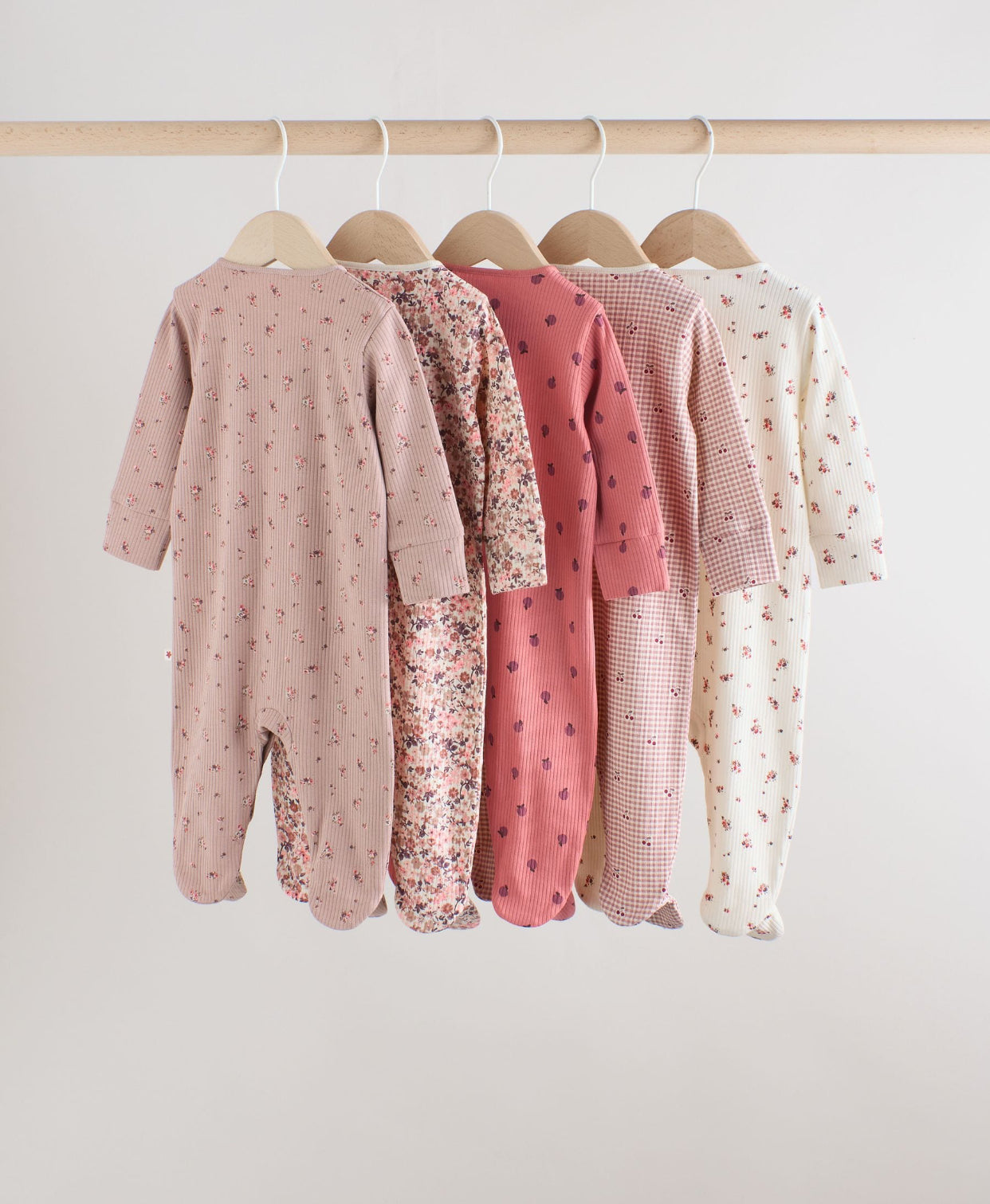 Pink/Rust Ditsy Floral 5 Pack Baby Sleepsuits