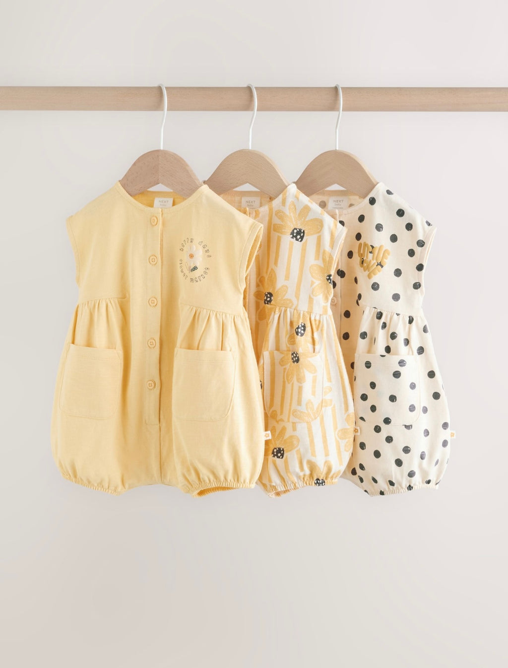 Yellow Floral Button Through Button Through Baby Rompers 3 Pack