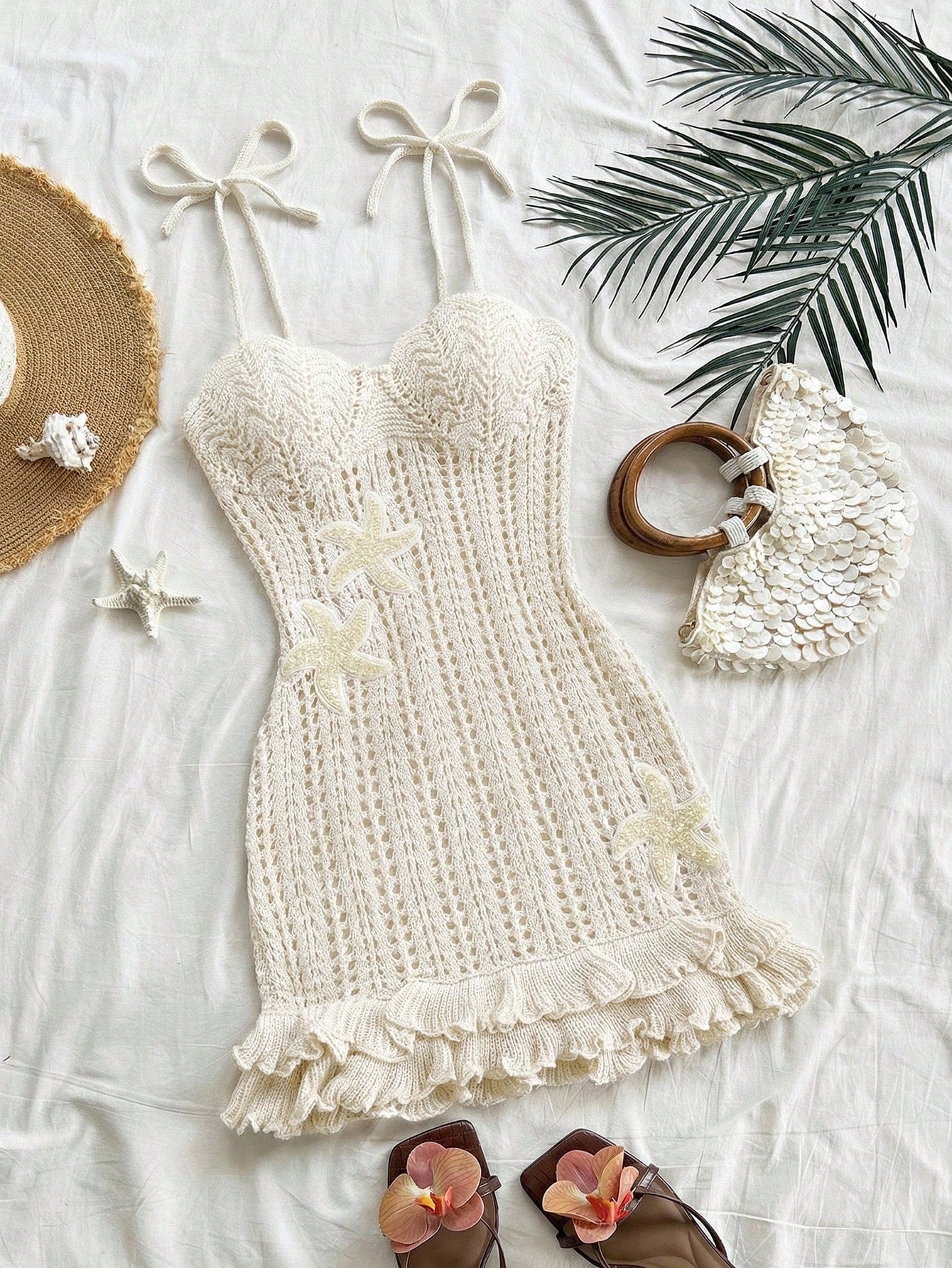 Women's Vacation Peach Starfish Decor Double Ruffle Halter Sweater Dress