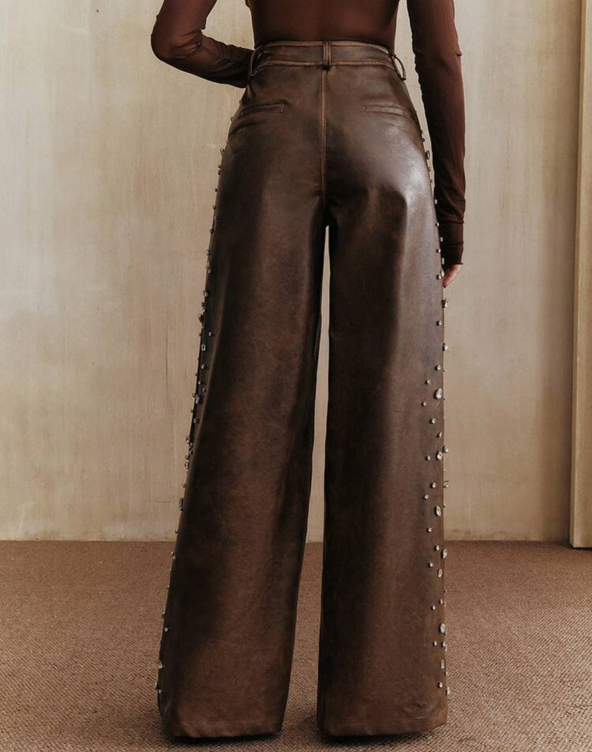 Anewsta Women's Brown Rhinestone Distressed PU Leather Straight Leg Pants