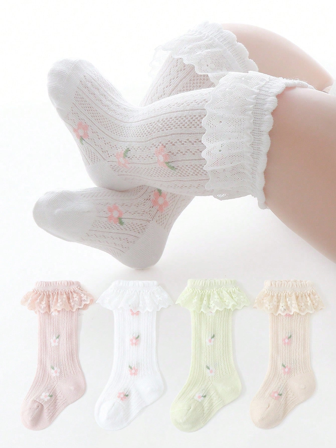 4pairs Girls' Multicolor Soft Breathable Lace Trim Princess Style Socks (immediate)