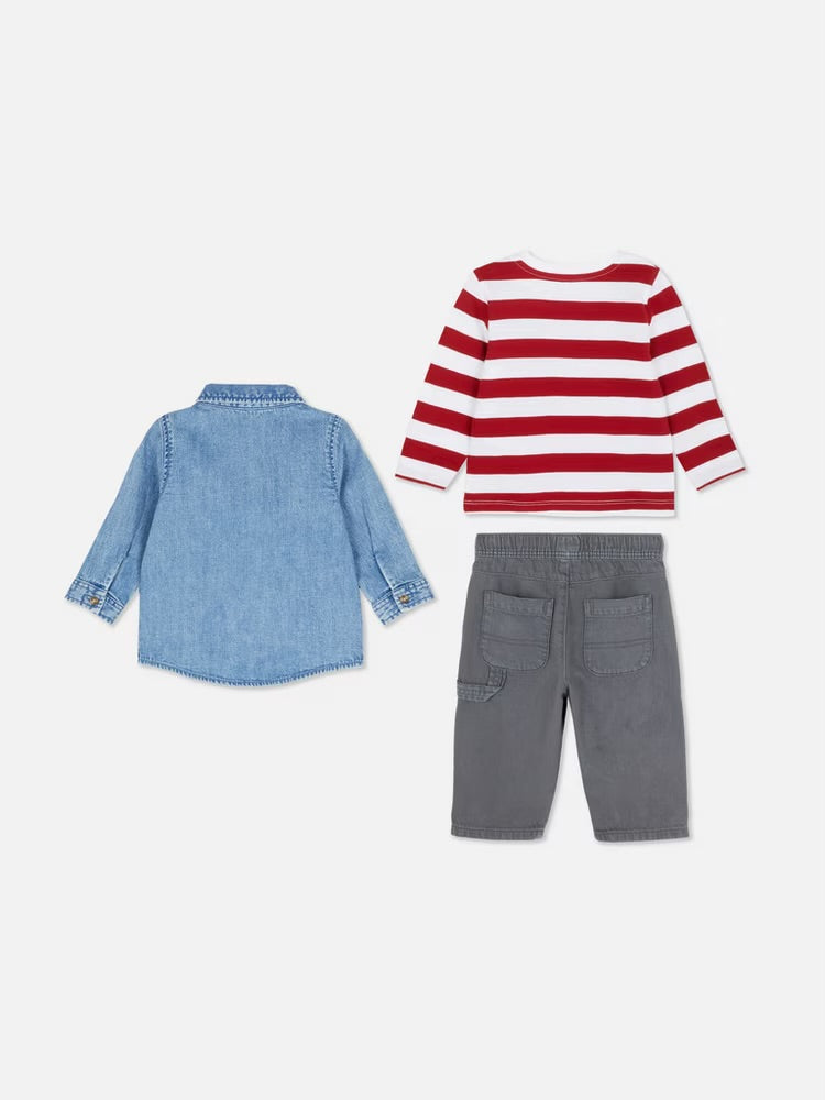 A long-sleeved tee, denim shirt and trousers clothing set