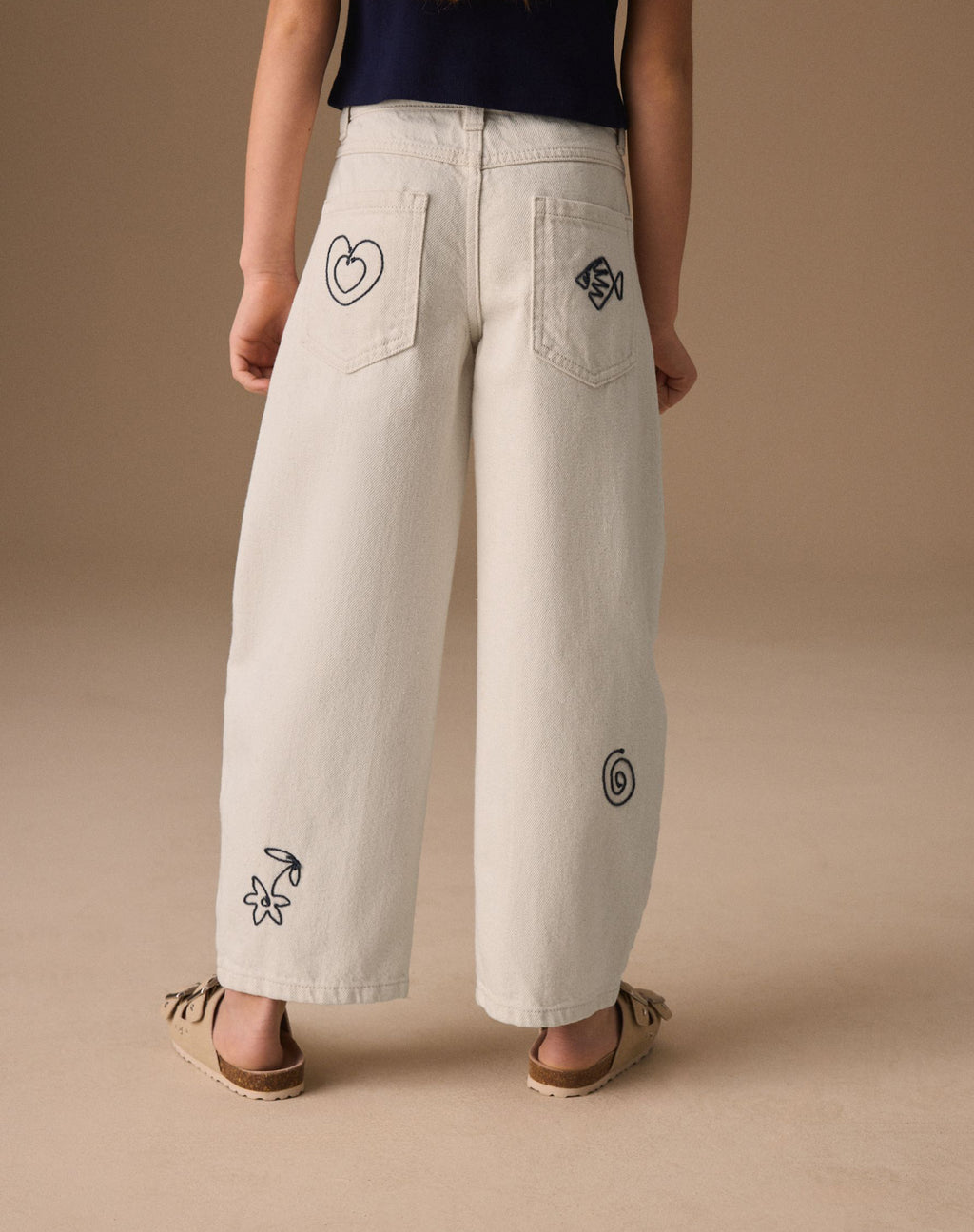 Ecru Embroidery Barrel Leg Jeans