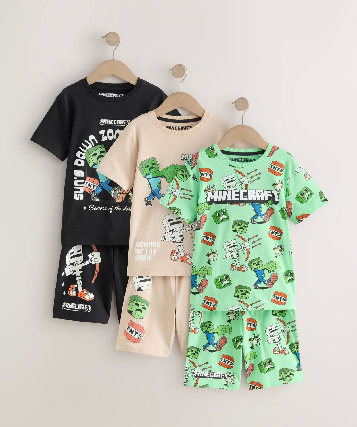 Black/Green/Stone Minecraft 100% Cotton Short Pyjamas 3 Pack