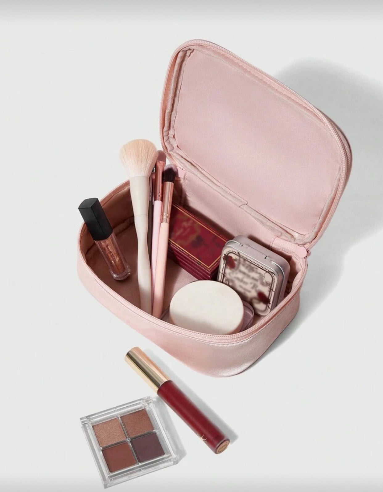Satin Fabric Embroidered Bow Makeup Bag (immediate)