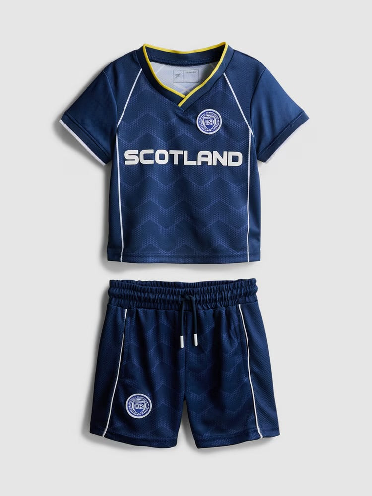 A sportswear top and shorts clothing co-ord with a Scotland football team design