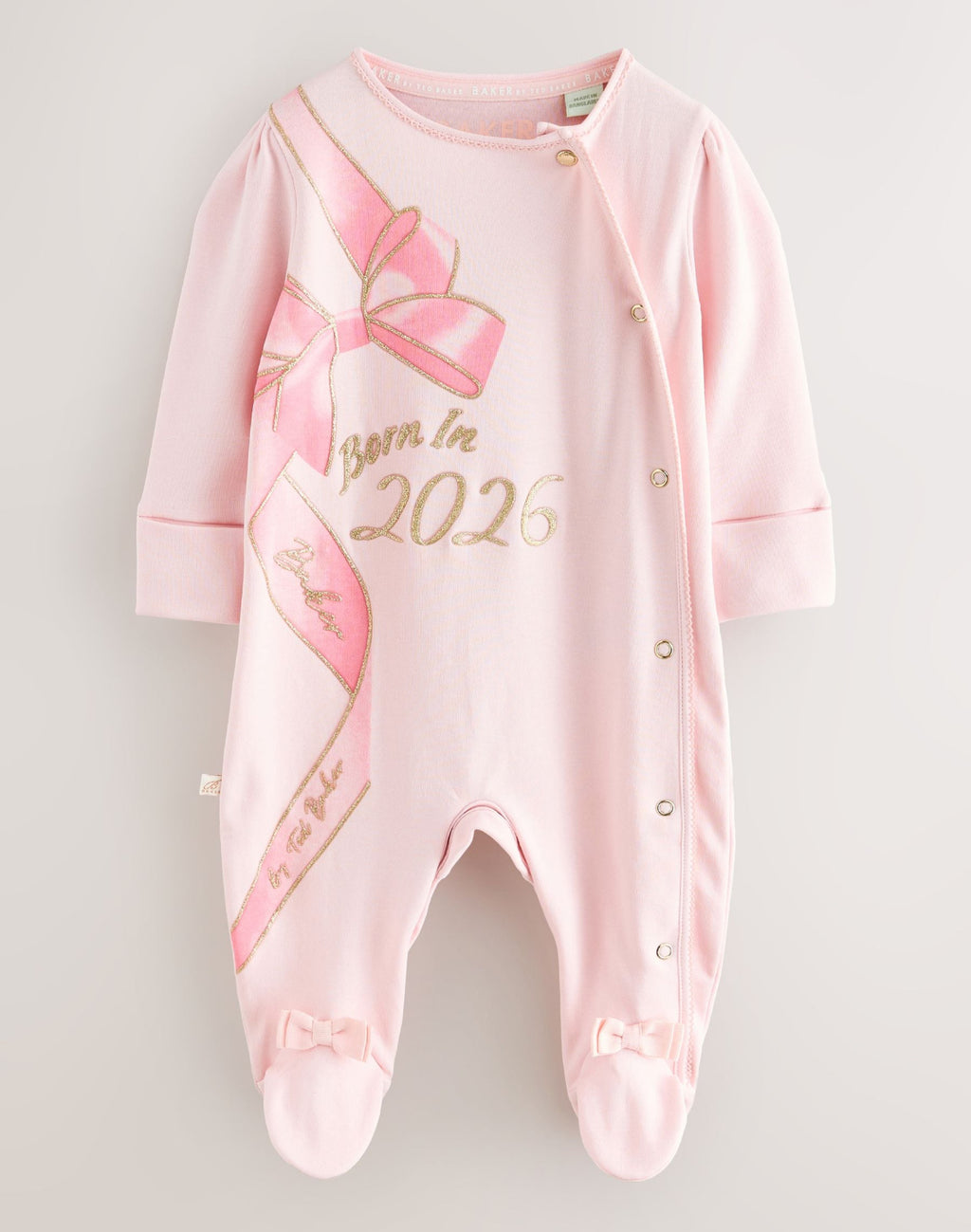 Baker by Ted Baker Pink Born In 2026 Ribbon Bow Sleepsuit
