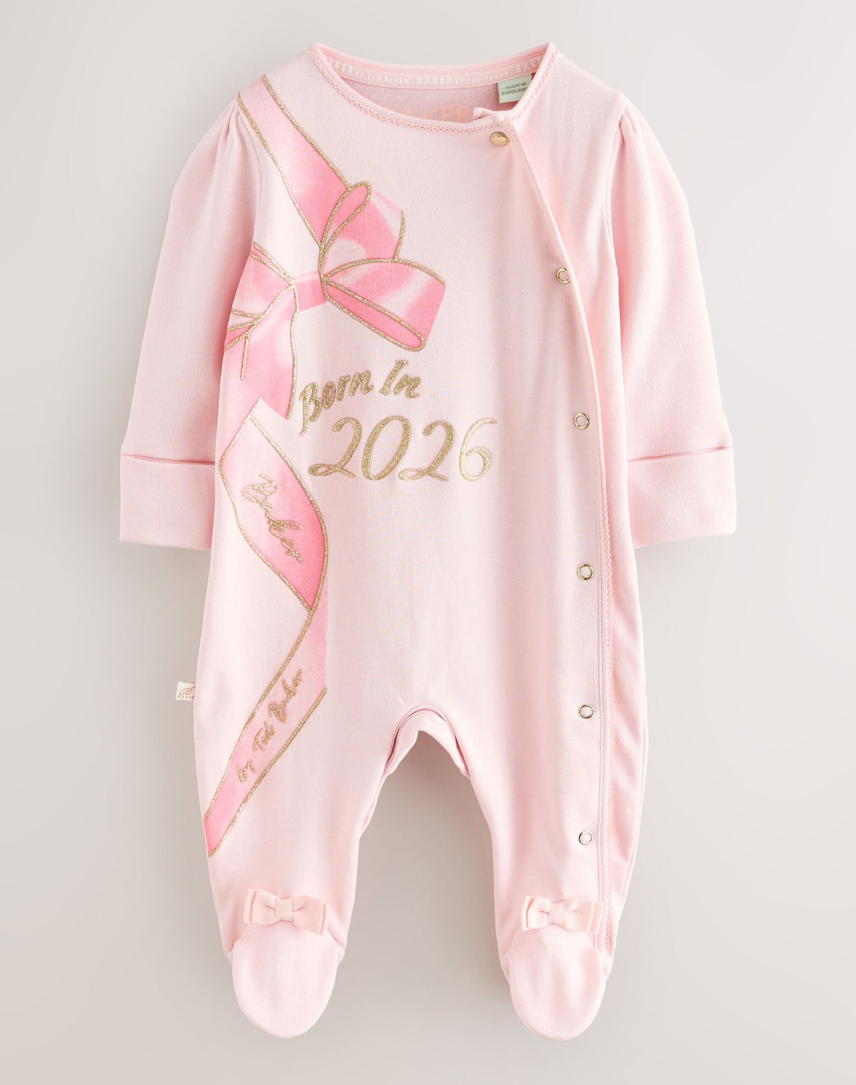 Baker by Ted Baker Pink Born In 2026 Ribbon Bow Sleepsuit