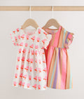 White Floral/ Pink Stripe Baby Short Sleeve Dresse 2 Pack