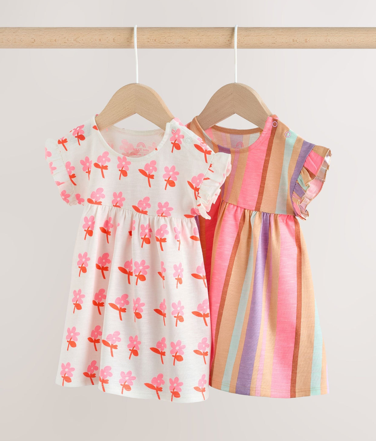White Floral/ Pink Stripe Baby Short Sleeve Dresse 2 Pack