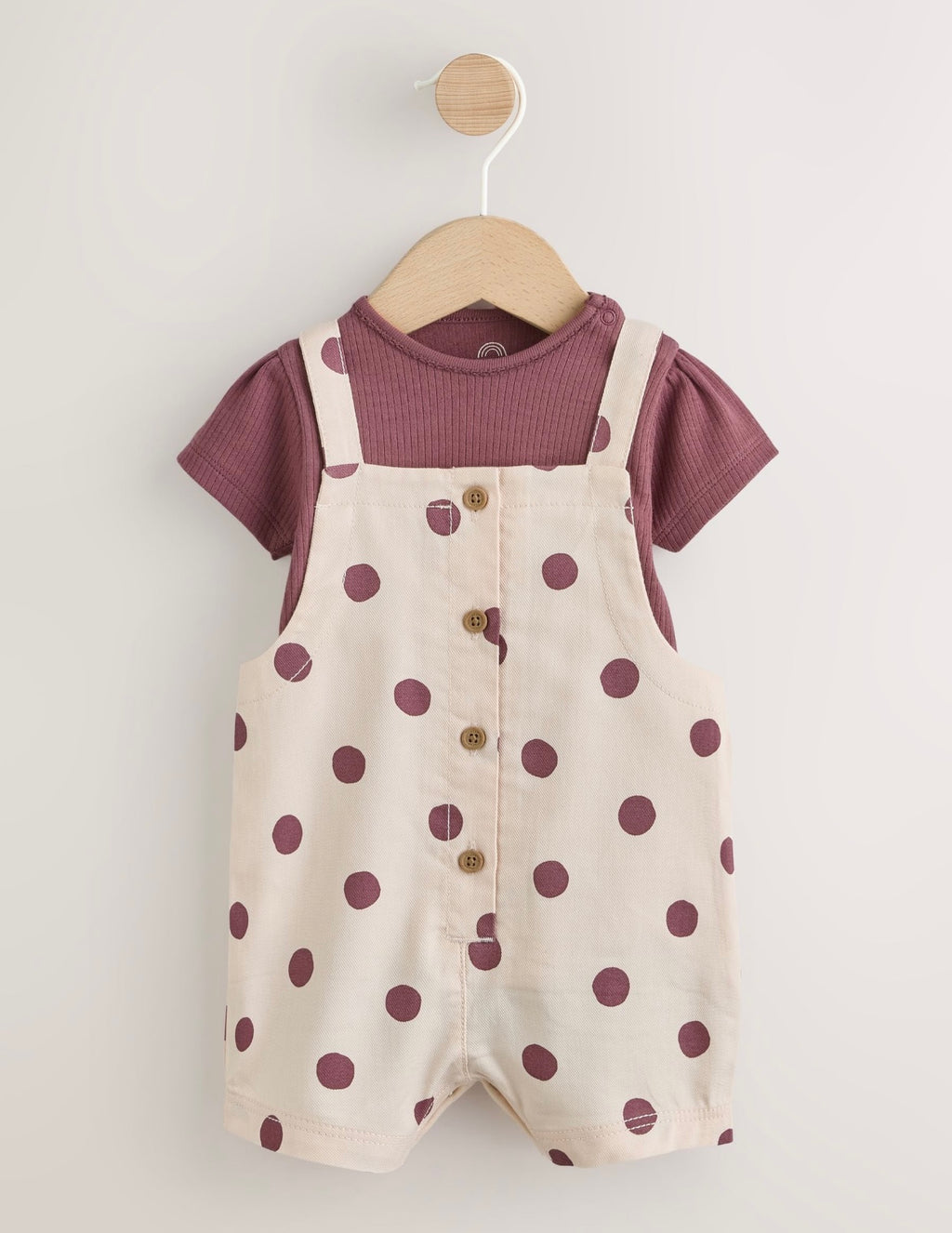 Burgundy/Ecru Spot Woven Baby Dungaree And Bodysuit 2 Piece Set