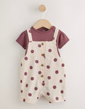 Burgundy/Ecru Spot Woven Baby Dungaree And Bodysuit 2 Piece Set