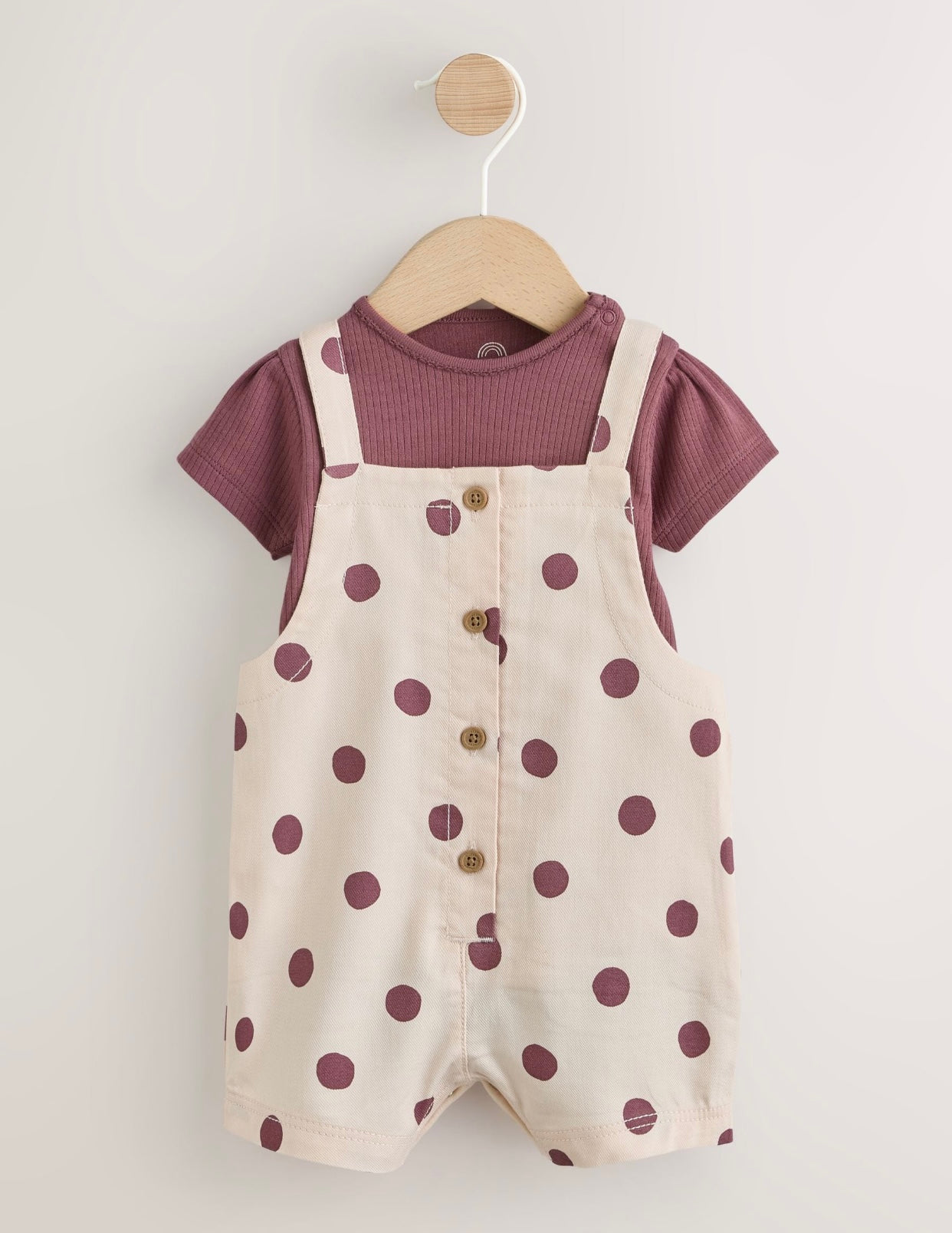 Burgundy/Ecru Spot Woven Baby Dungaree And Bodysuit 2 Piece Set