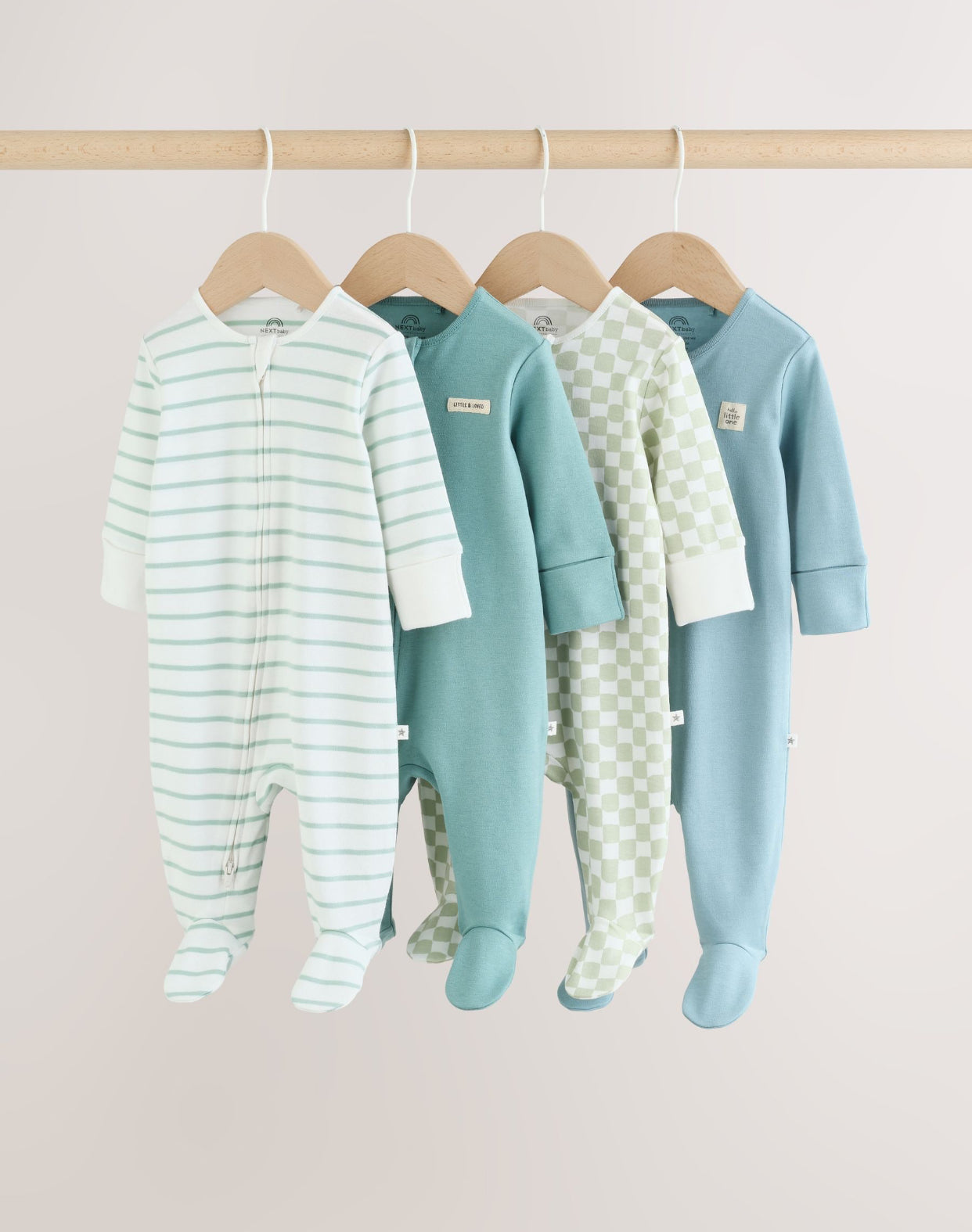 Green Two Way Zip Baby Sleepsuits 4 Pack