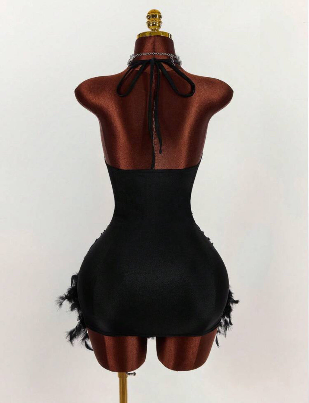 Deep V-Neck Halter Sequin & Furry Patchwork Bodycon Mini Dress