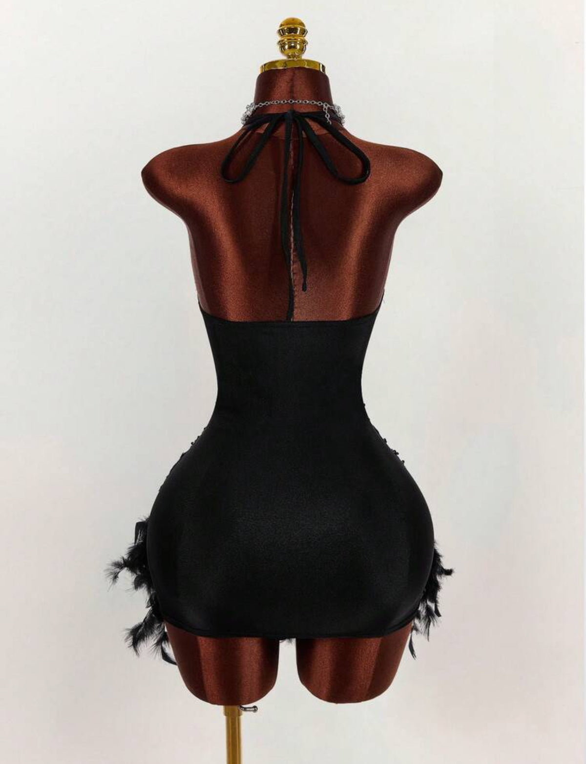 Deep V-Neck Halter Sequin & Furry Patchwork Bodycon Mini Dress