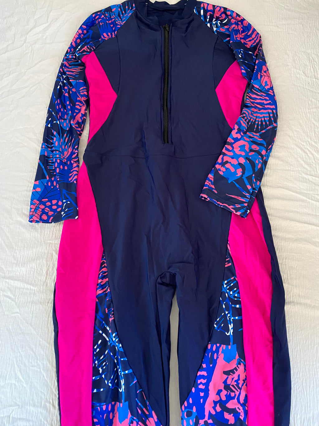 1pc Women's Tropical Printed Long Sleeve Zip Half Rash Guard Jumpsuit (immediate)
