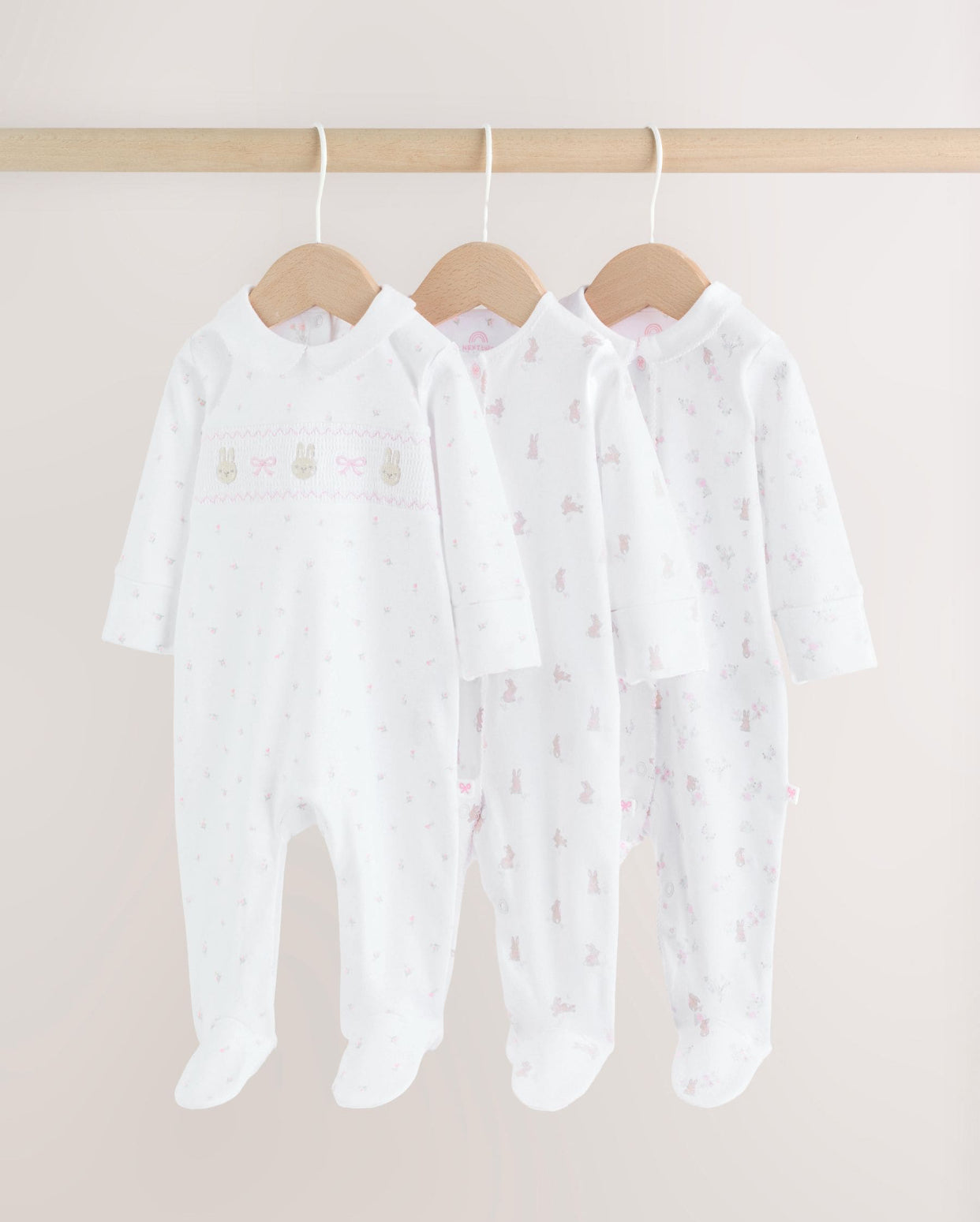White/Pink Collar Baby Sleepsuits 3 Pack