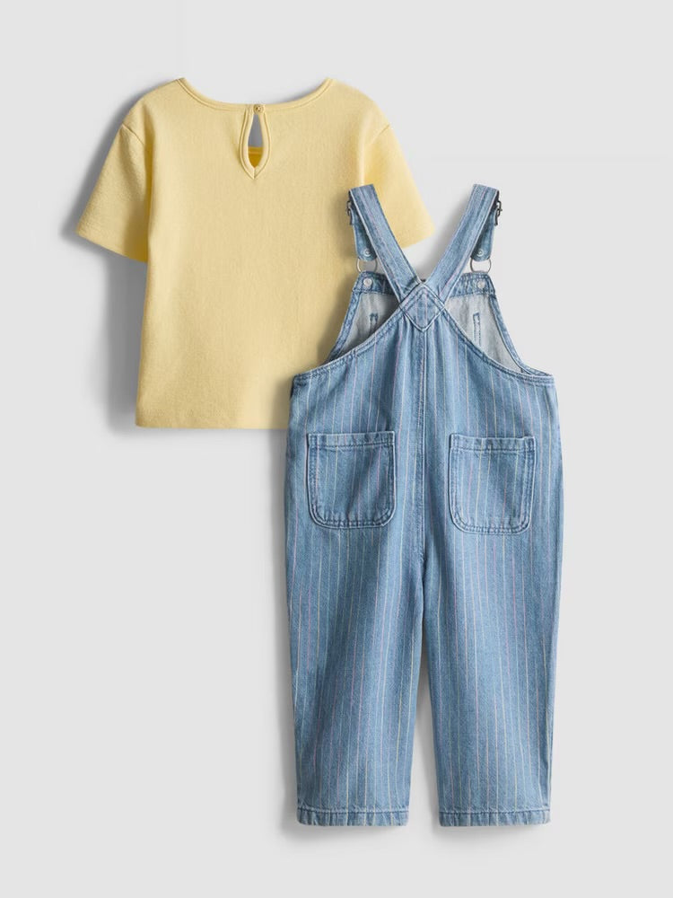 T-Shirt and Stripe Denim Dungarees Set
