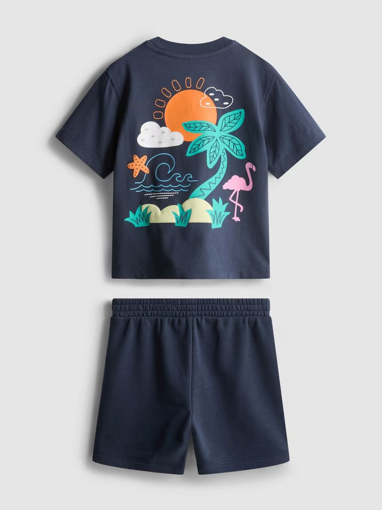 A flocked tee and shorts co-ord with a tropical graphic desian