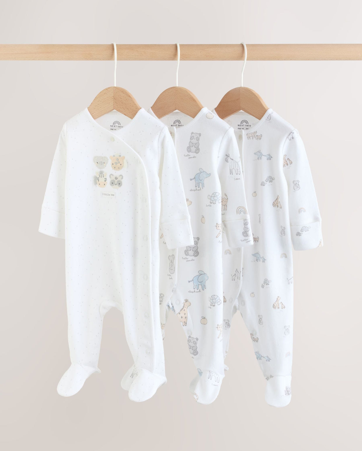 White Safari Baby Sleepsuits 3 Pack