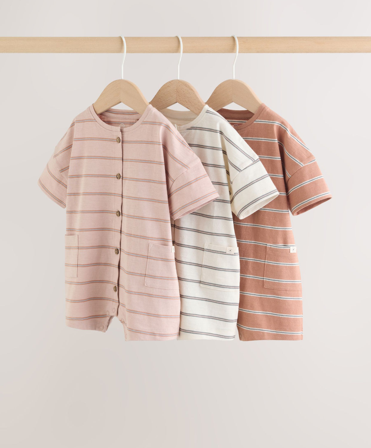 Neutral Stripe Jersey Baby Rompers
3 Pack