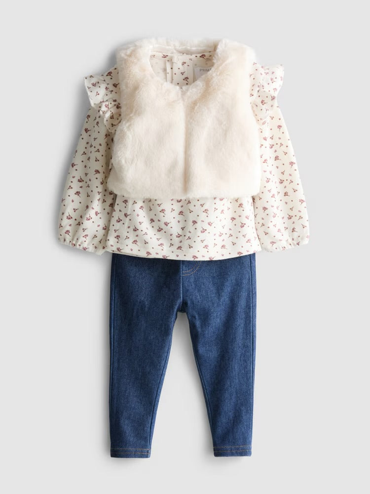 Long Sleeve T-Shirt, Jeggings and Faux Fur Gilet Set (immediate)