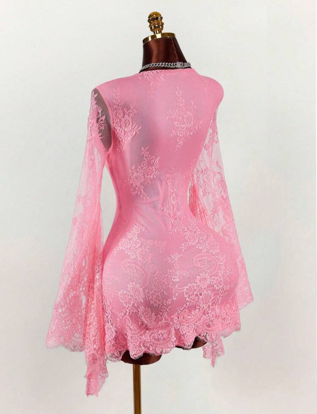 Romantic Pink Lace Sheer Low-Cut Flare Sleeve Mini Dress