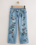 Mid Blue Denim Floral Print Wide Leg