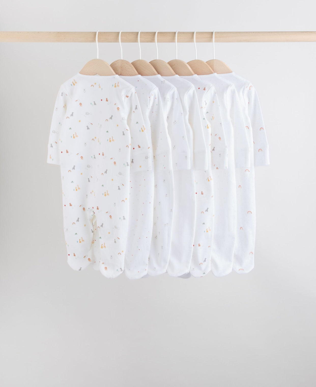 White 7 Pack Popper Baby Sleepsuits