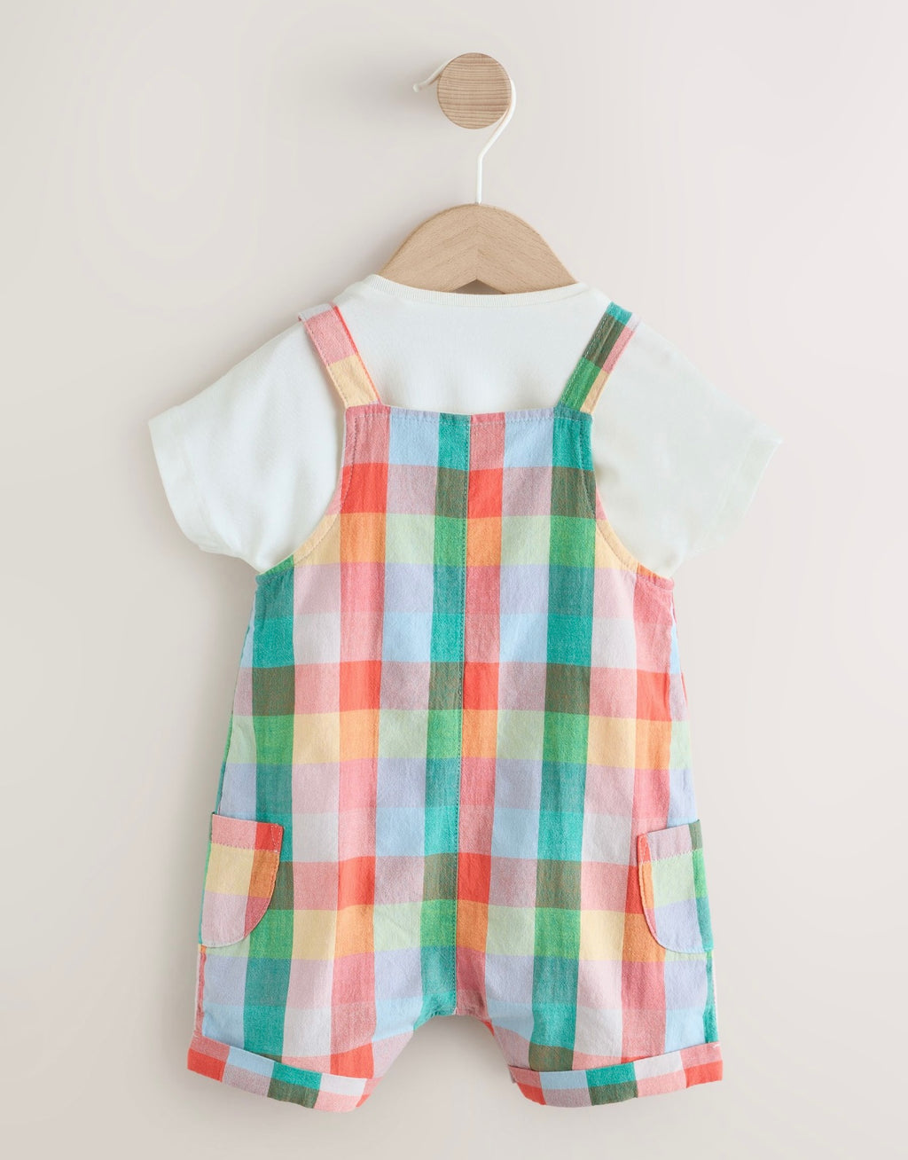 Bright Multi Colour Check Woven Dungaree and Bodysuit Set