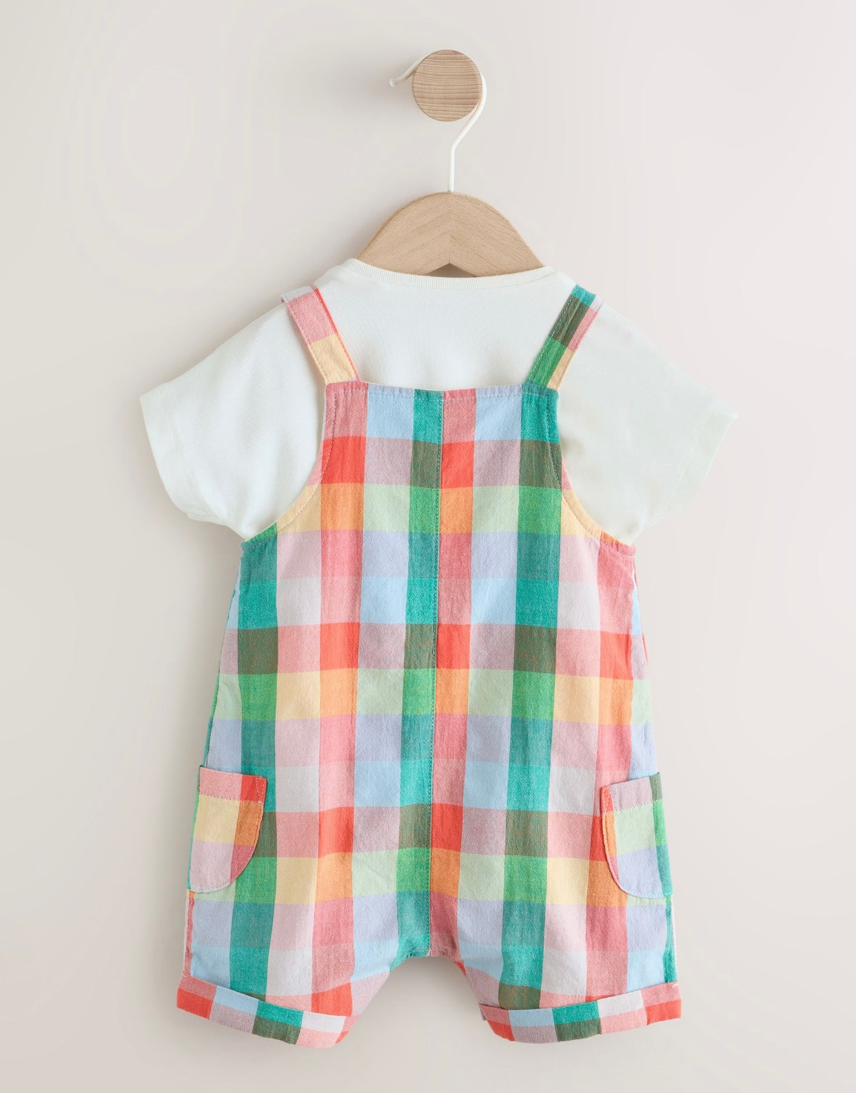 Bright Multi Colour Check Woven Dungaree and Bodysuit Set