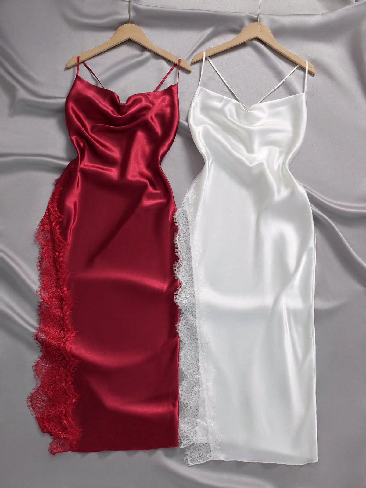 2pcs/Set Women Sexy Lace Patchwork Slit Maxi Nightgown
