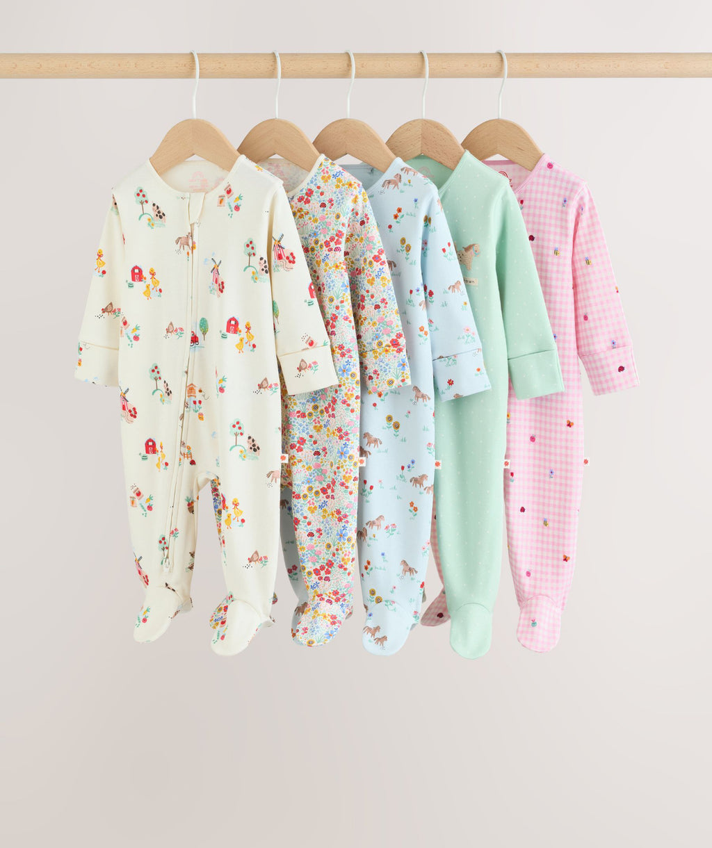 Pink/Green Two Way Zip Baby Sleepsuits 5 Pack