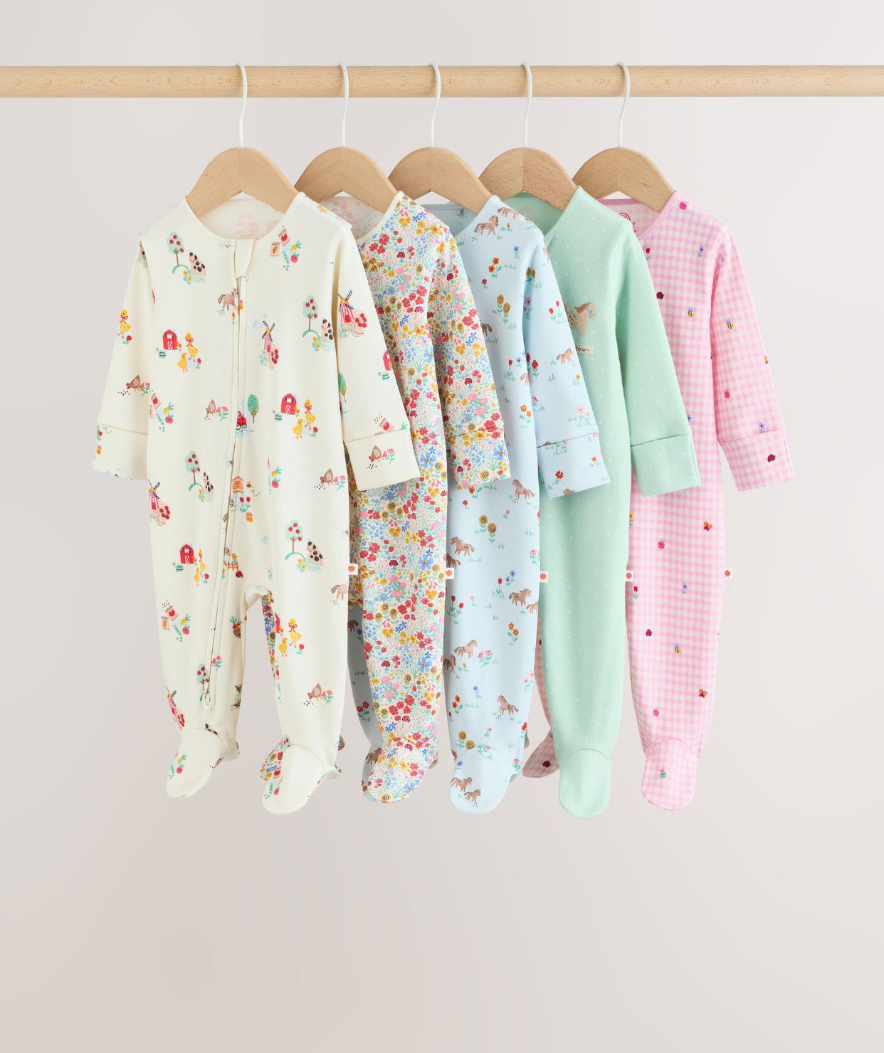 Pink/Green Two Way Zip Baby Sleepsuits 5 Pack
