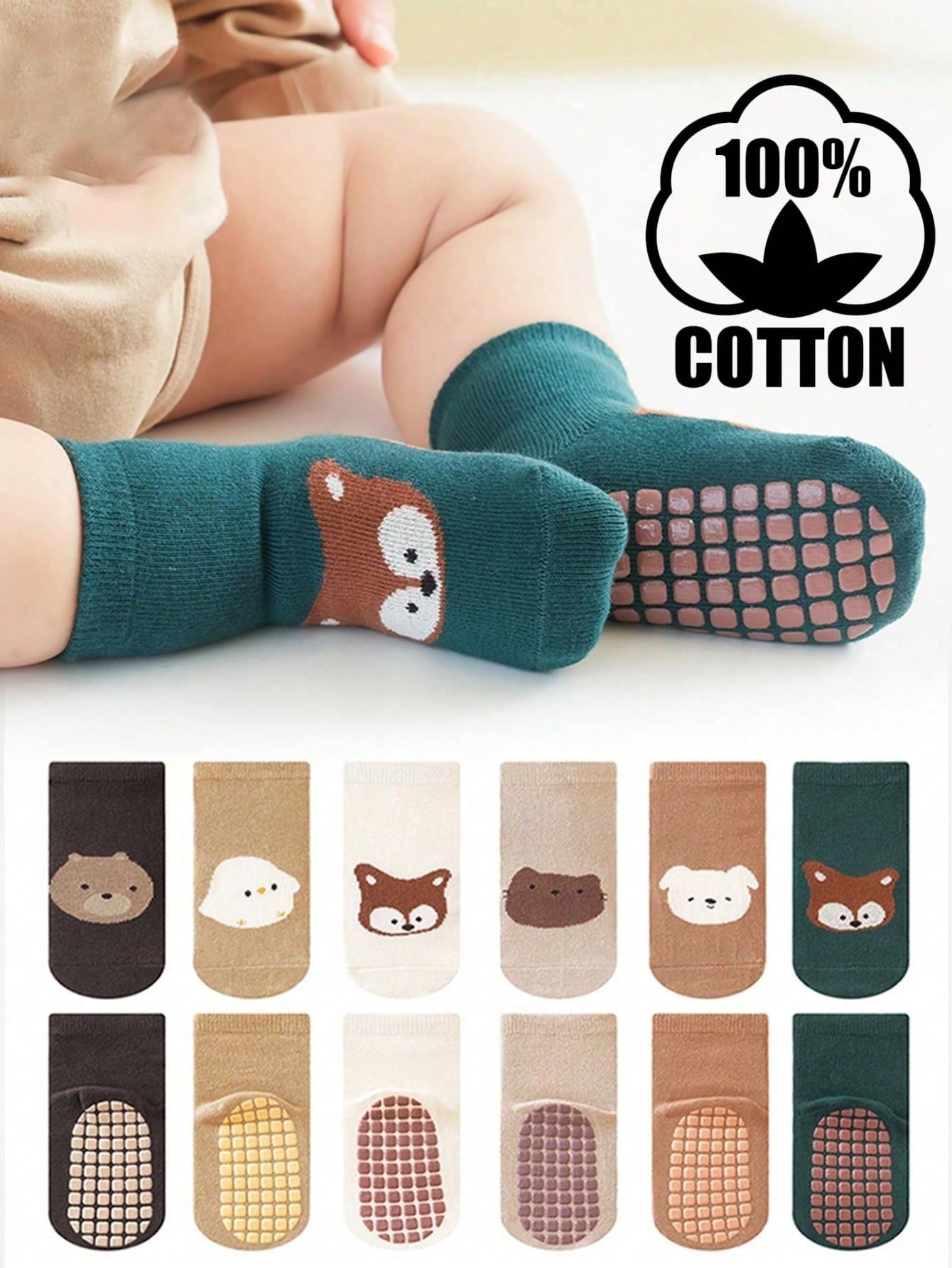 6 Pairs Cotton Cartoon Animal Anti-Slip Baby Socks (immediate)