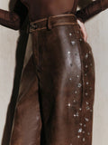 Anewsta Women's Brown Rhinestone Distressed PU Leather Straight Leg Pants