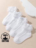 4 Pairs Cotton Lace Trim Socks Girls Socks